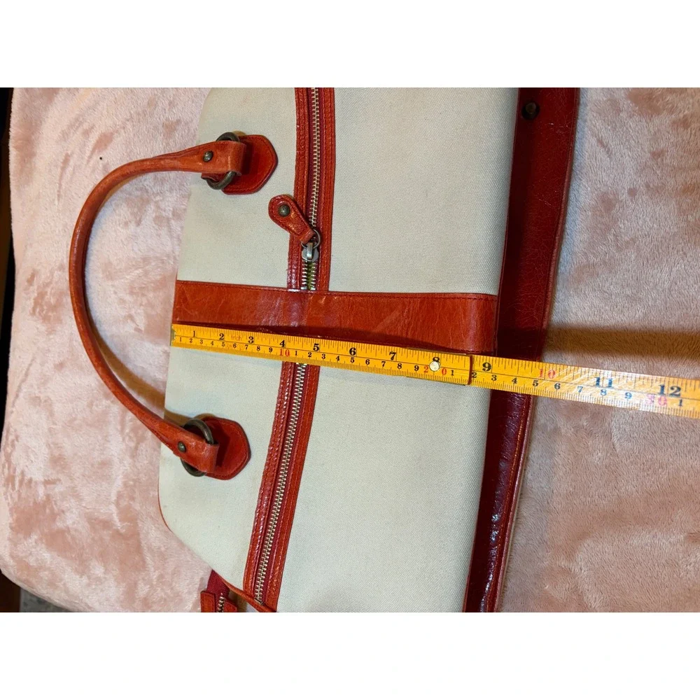 77. Vintage Nordstrom East‎ West Canvas Burnt Orange Leather Satchel Tote Bag